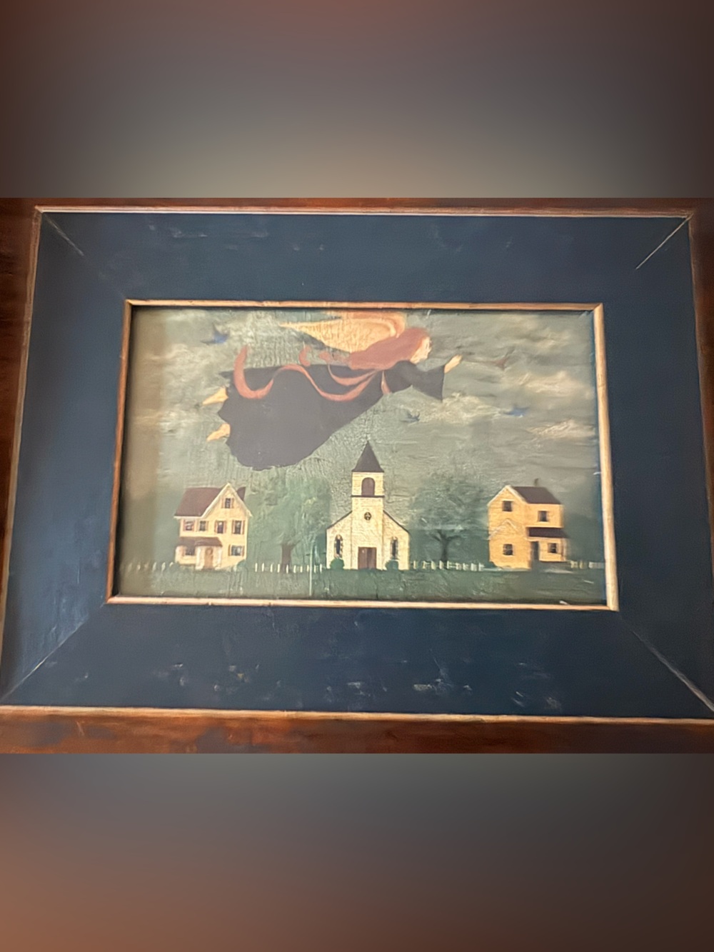 Navy Blue Folk Art Print with Soaring Figure